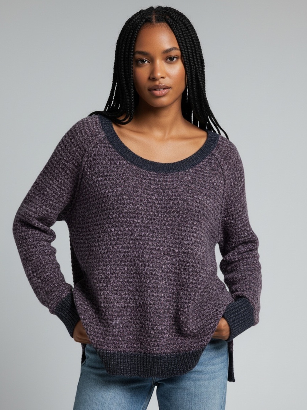 Free People Honeycomb Chunky Tunic Sweater Sz M Purple Grey Boho Grunge Fairy